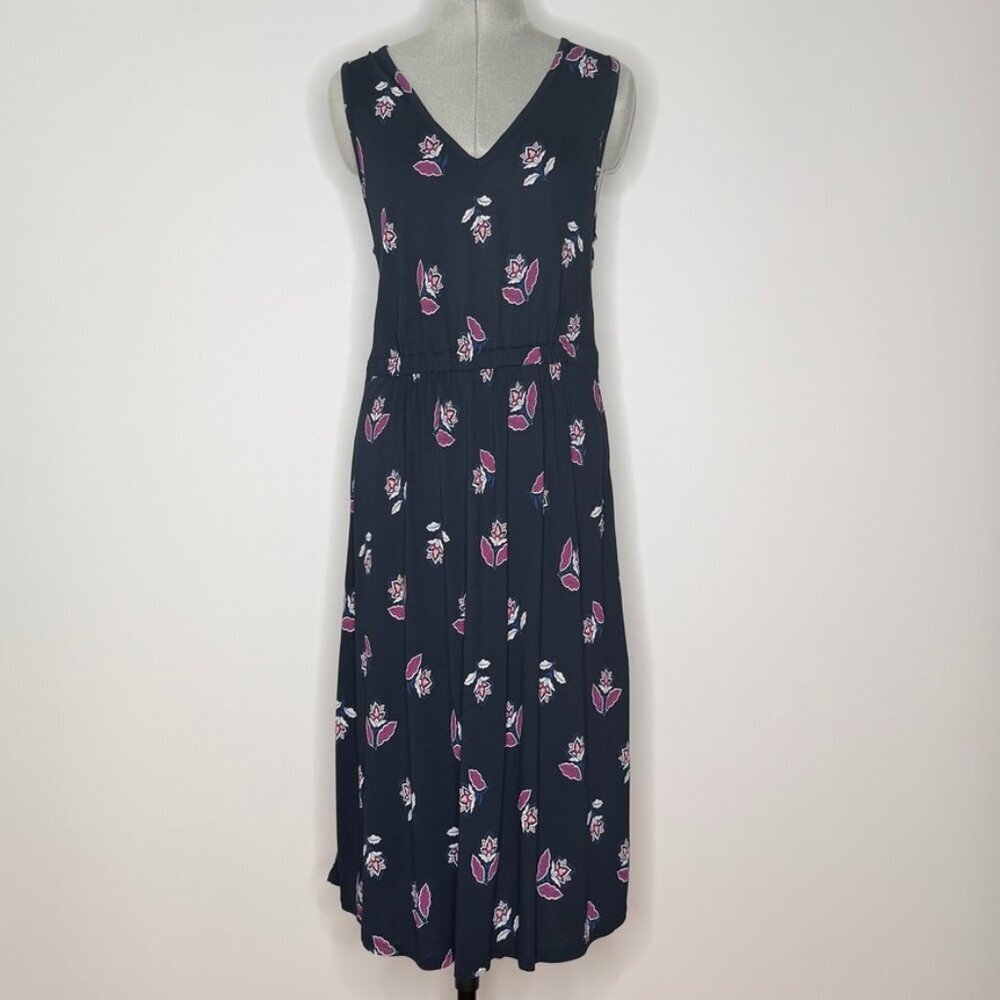 Joe Fresh Navy Blue Floral V-Neck Sleeveless Midi Dress - Size Large